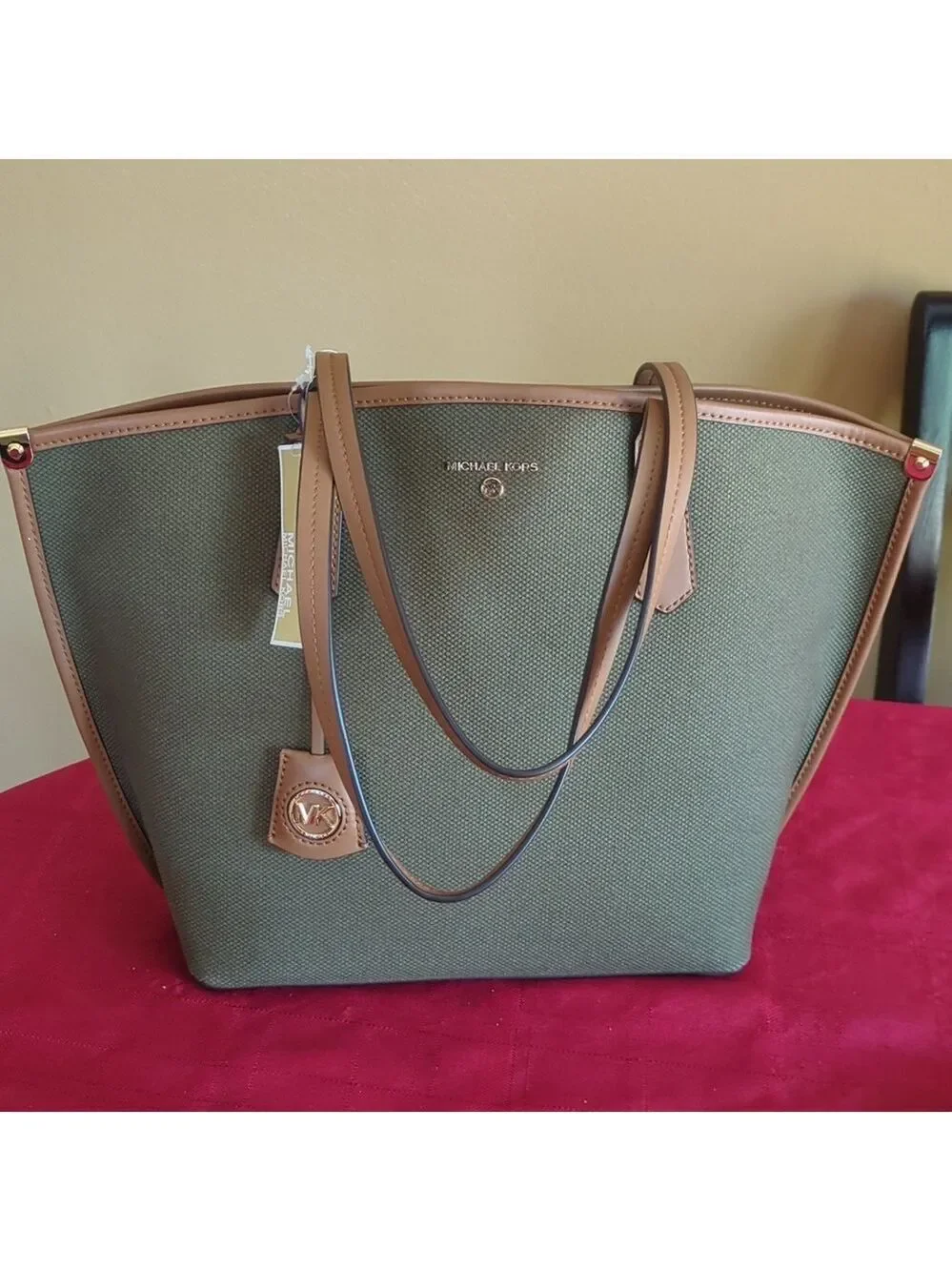 Michael Kors Emilia Large Tote Bag Olive Canvas Brown Leather Trim Gold Hardware